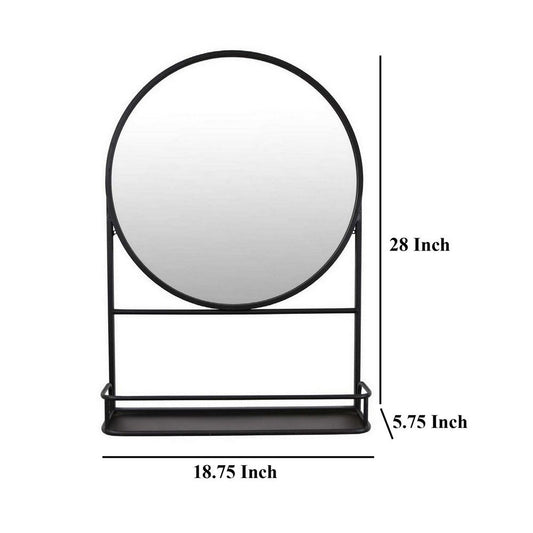 Feno Decorative Wall Mirror, 28 Inch Round Black Metal Frame w Rack