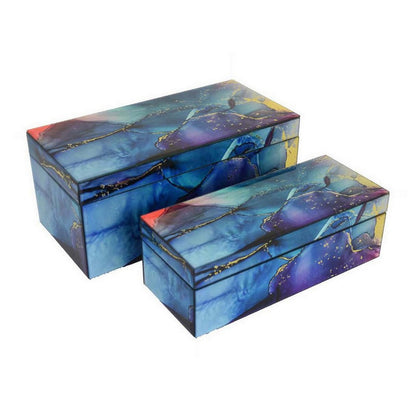 Dory Decorative Box Set of 2, Blue Gold Faux Agate Stone Accent Glass