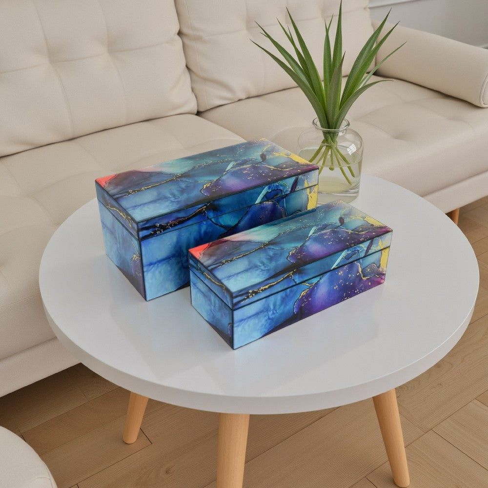 Dory Decorative Box Set of 2, Blue Gold Faux Agate Stone Accent Glass