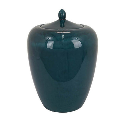 Decorative Jar, 19 Inch Teal Green Ceramic Body, Lid with Storage