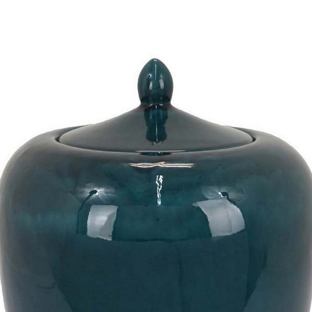 Decorative Jar, 19 Inch Teal Green Ceramic Body, Lid with Storage
