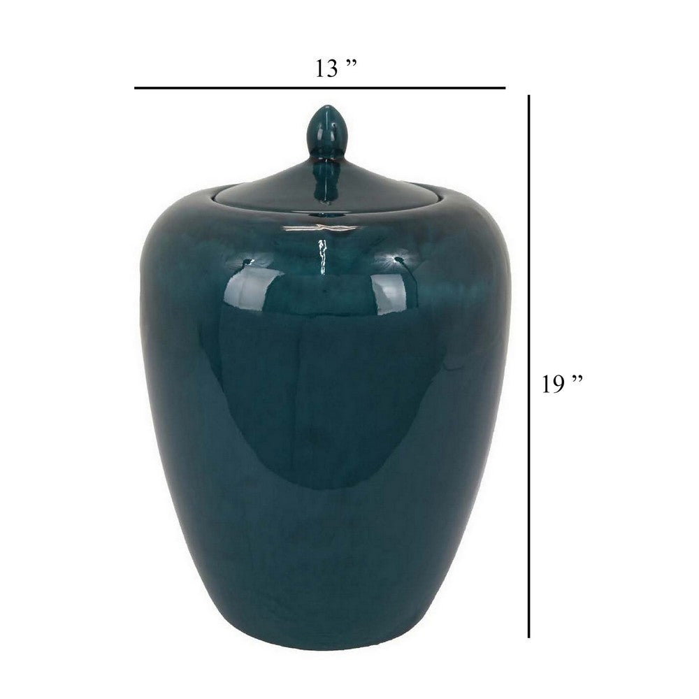 Decorative Jar, 19 Inch Teal Green Ceramic Body, Lid with Storage