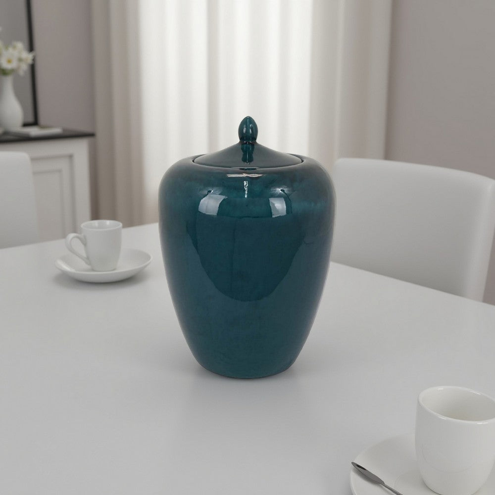 Decorative Jar, 19 Inch Teal Green Ceramic Body, Lid with Storage