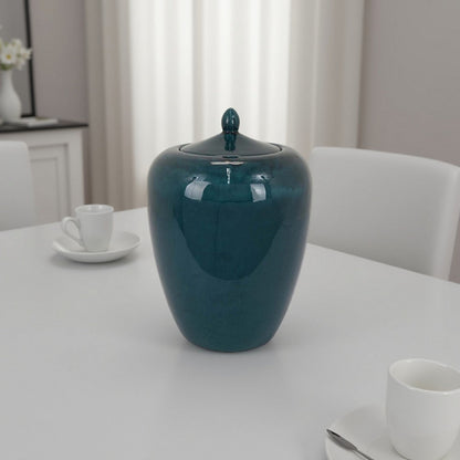 Decorative Jar, 19 Inch Teal Green Ceramic Body, Lid with Storage
