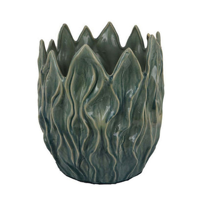 Esen Decorative Vase, Abstract Wave Design, 14 Inch Green Ceramic