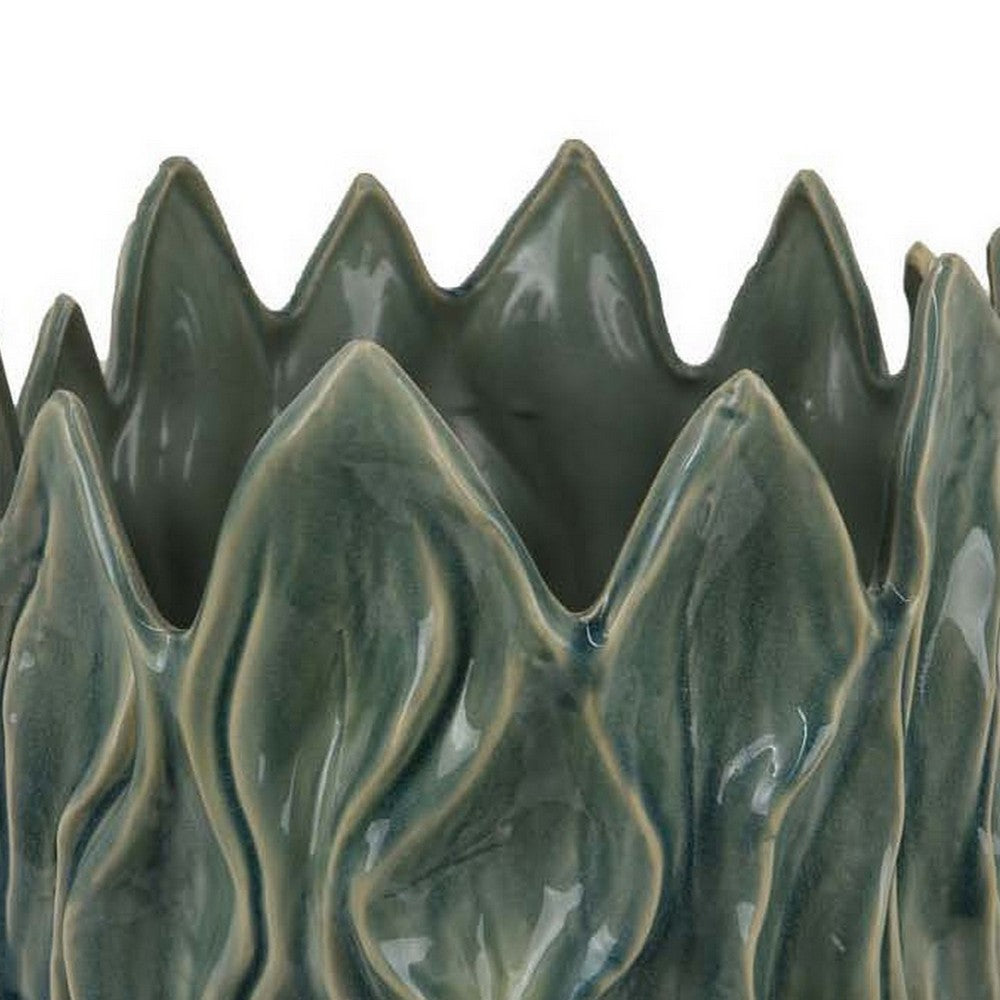 Esen Decorative Vase, Abstract Wave Design, 14 Inch Green Ceramic