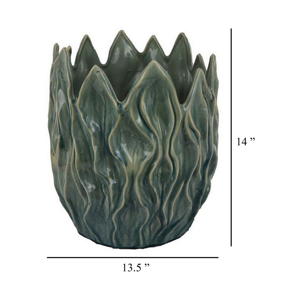Esen Decorative Vase, Abstract Wave Design, 14 Inch Green Ceramic