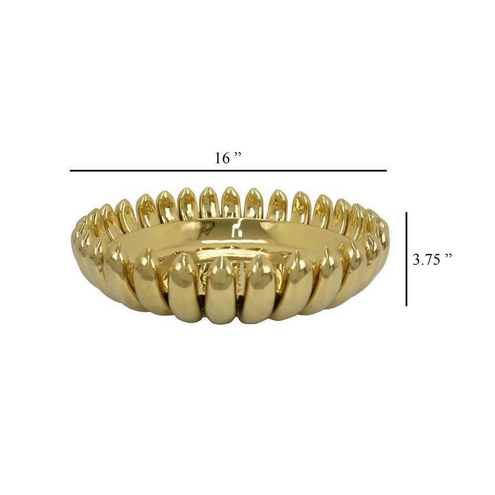 Zoma Accent Bowl, 16 Inch Raised Rounded Edges, Gold Ceramic Body