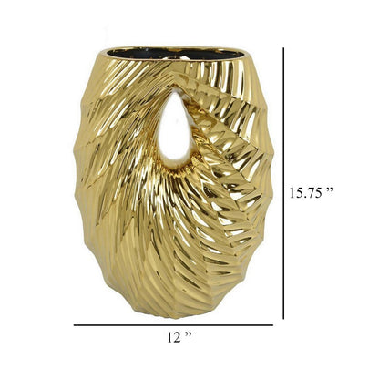 Decorative Vase, 16 Inch U Shape Ceramic Body, Gold Geometric Pattern