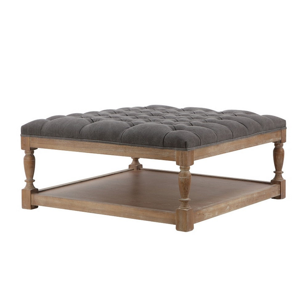 Xena Coffee Table, 36 Inch Tufted Frost Gray Upholstery, Solid Wood