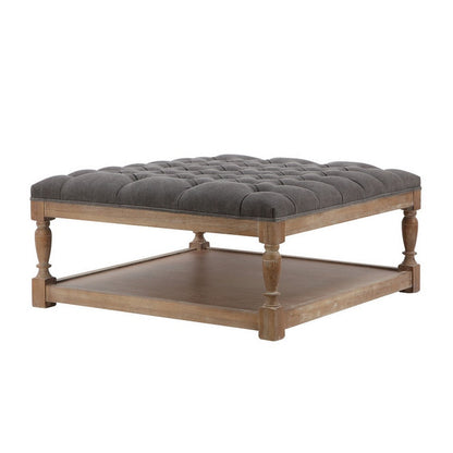 Xena Coffee Table, 36 Inch Tufted Frost Gray Upholstery, Solid Wood