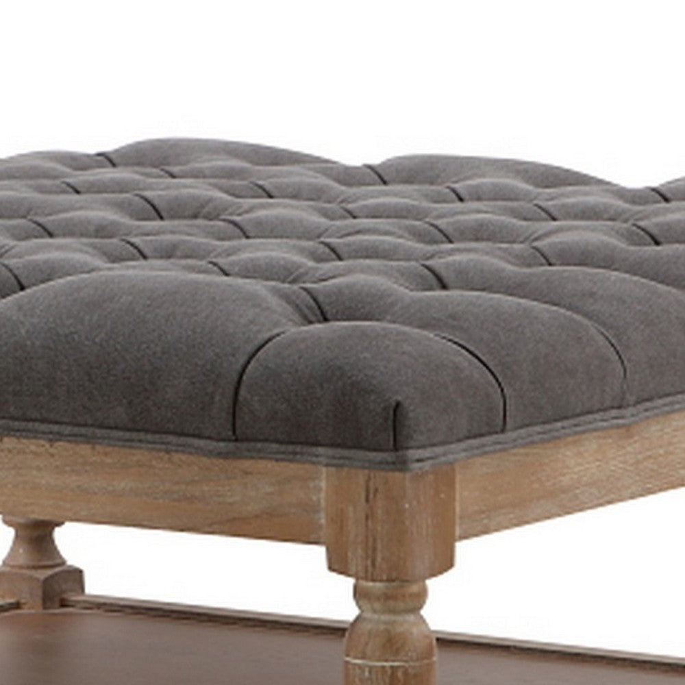 Xena Coffee Table, 36 Inch Tufted Frost Gray Upholstery, Solid Wood