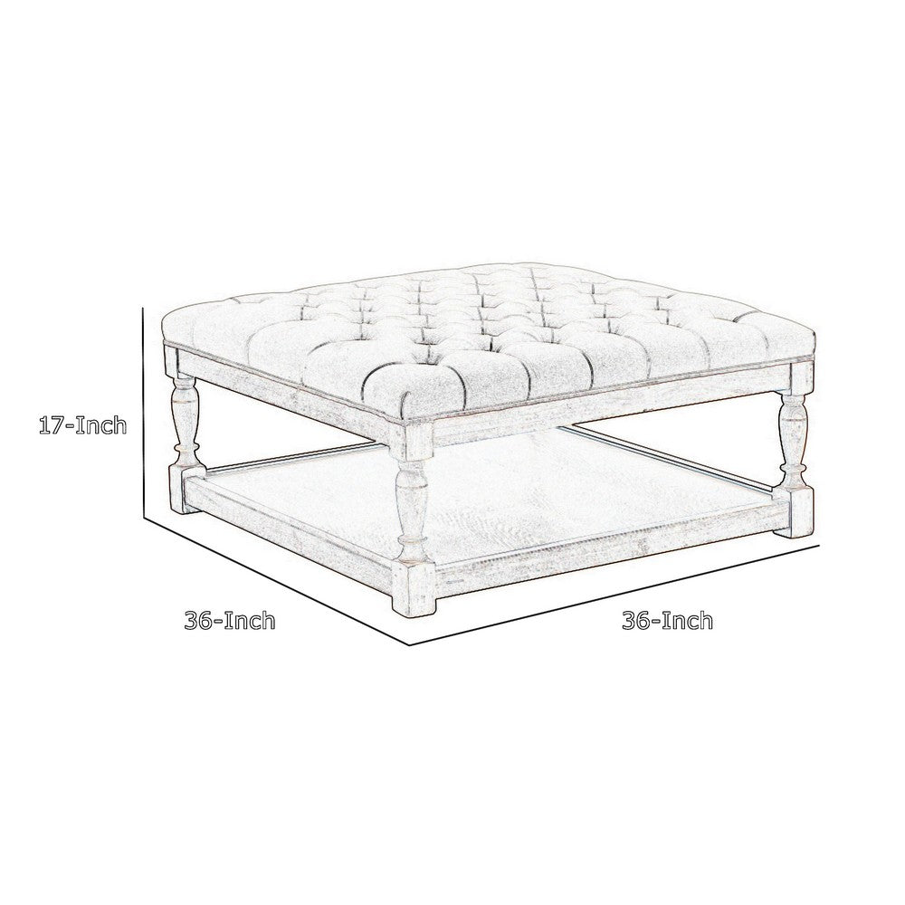 Xena Coffee Table, 36 Inch Tufted Frost Gray Upholstery, Solid Wood