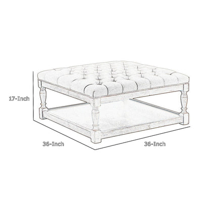 Xena Coffee Table, 36 Inch Tufted Frost Gray Upholstery, Solid Wood