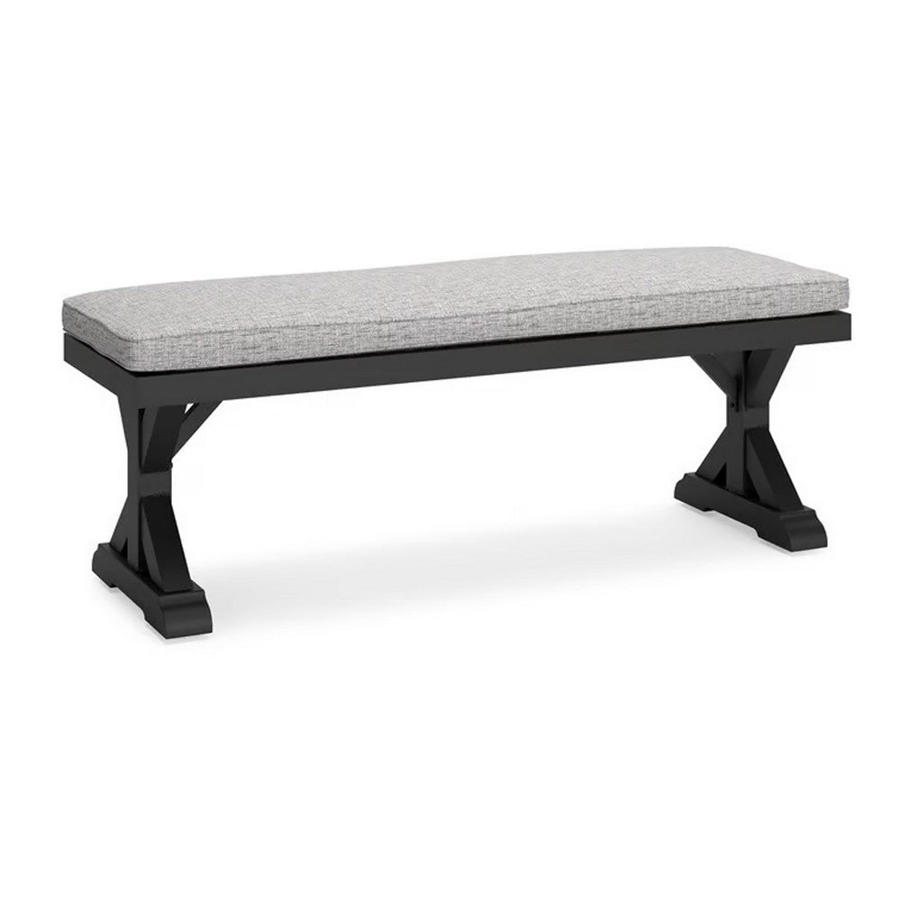 Tira Outdoor Bench, Gray Nuvella, 54 Inch, Black Wicker Trestle Base