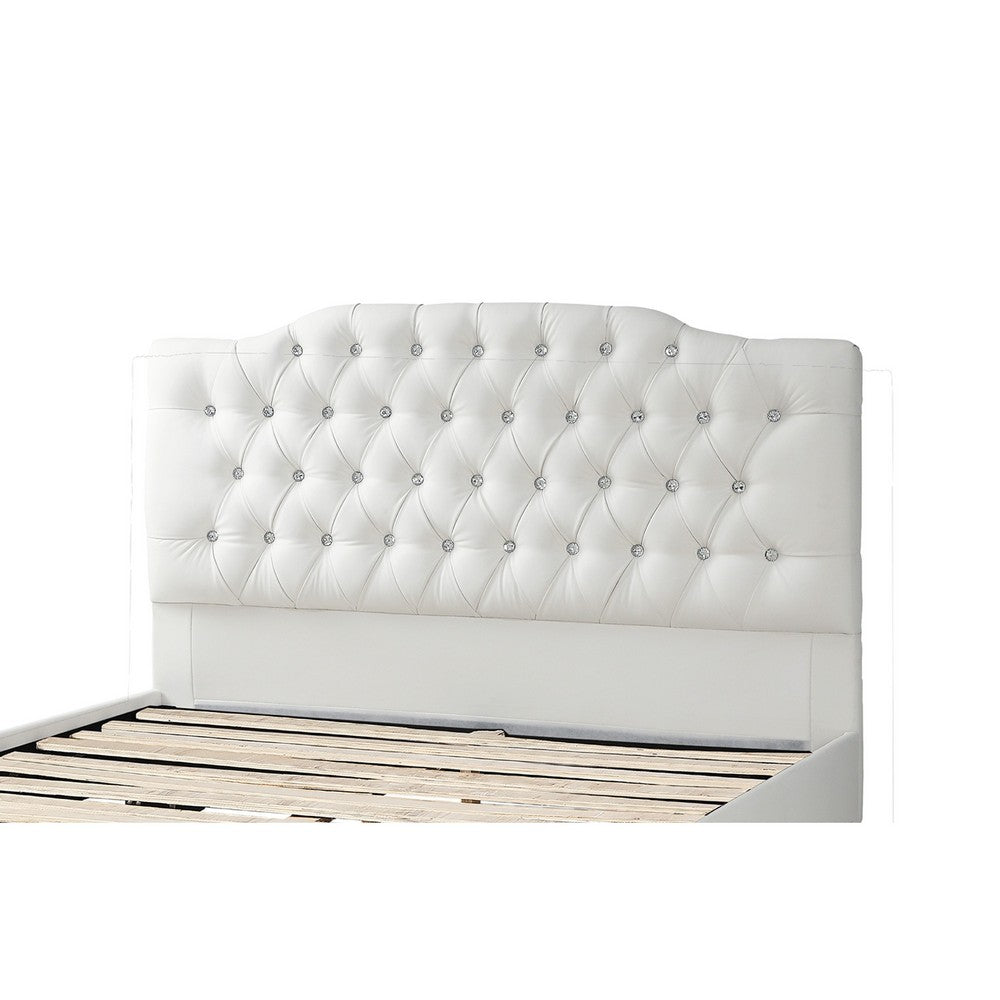 Full Size Bed, Tufted Curved, White Faux Leather Upholstered Pine Wood