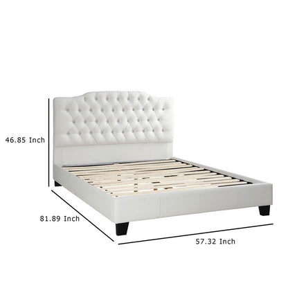 Full Size Bed, Tufted Curved, White Faux Leather Upholstered Pine Wood
