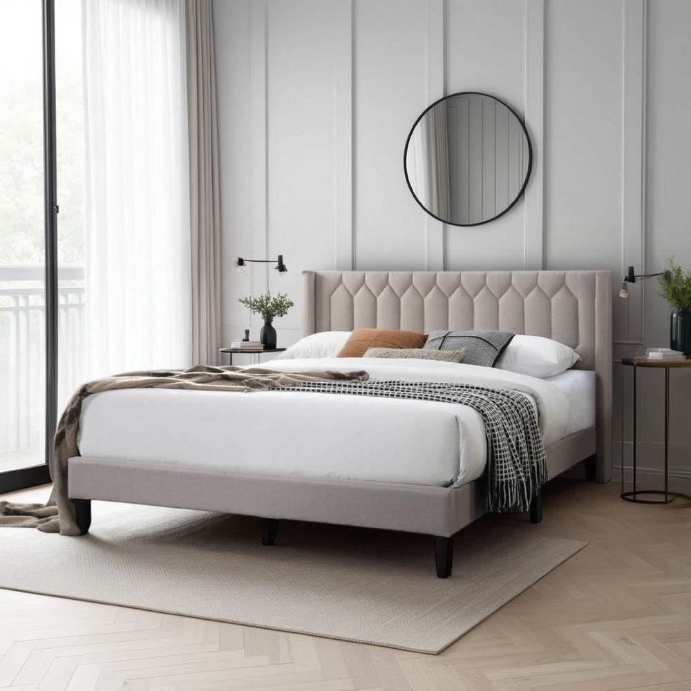 Jeo Queen Size Bed, Geometric Stitched Light Brown Burlap Upholstery