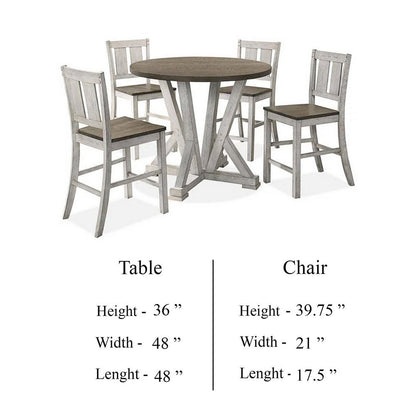 Koe 5pc Counter Height Round Table, Chair Set, White Brown Solid Wood