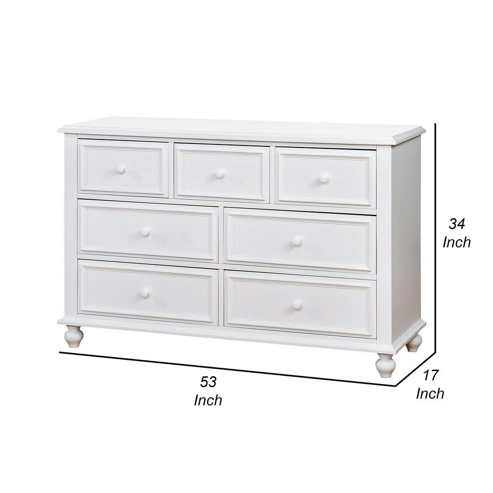 Kny Wide Dresser, 7 Drawers, Turned Feet, Traditional White Solid Wood