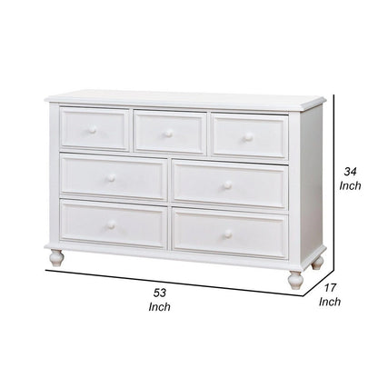 Kny Wide Dresser, 7 Drawers, Turned Feet, Traditional White Solid Wood