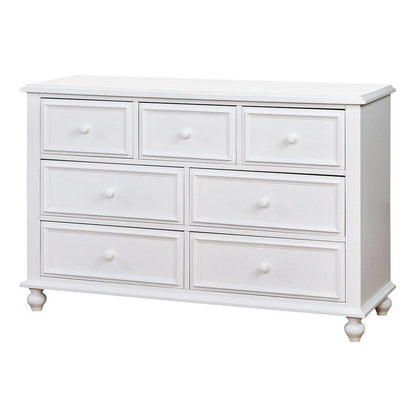 Kny Wide Dresser, 7 Drawers, Turned Feet, Traditional White Solid Wood