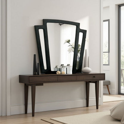 Ino Dresser Mirror, 44 Inch Black Fabric Upholstered 3 Panel Frame