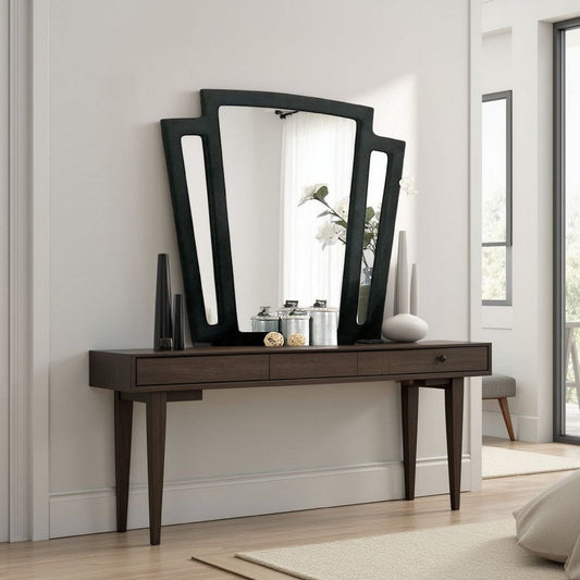 Ino Dresser Mirror, 44 Inch Black Fabric Upholstered 3 Panel Frame