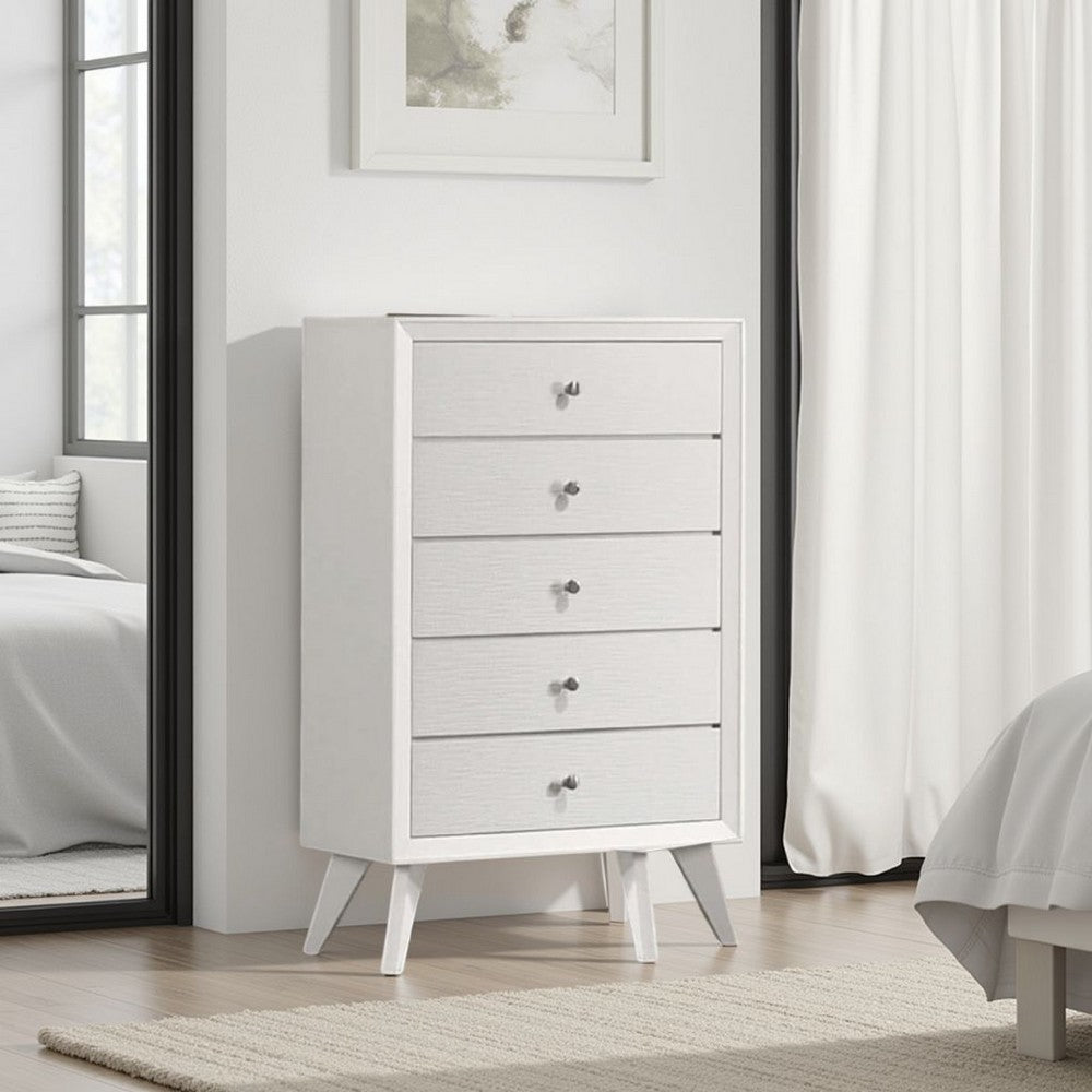 Tory Tall Dresser Chest, 5 Drawers w Bronze Knobs, Textured White Wood