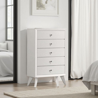 Tory Tall Dresser Chest, 5 Drawers w Bronze Knobs, Textured White Wood