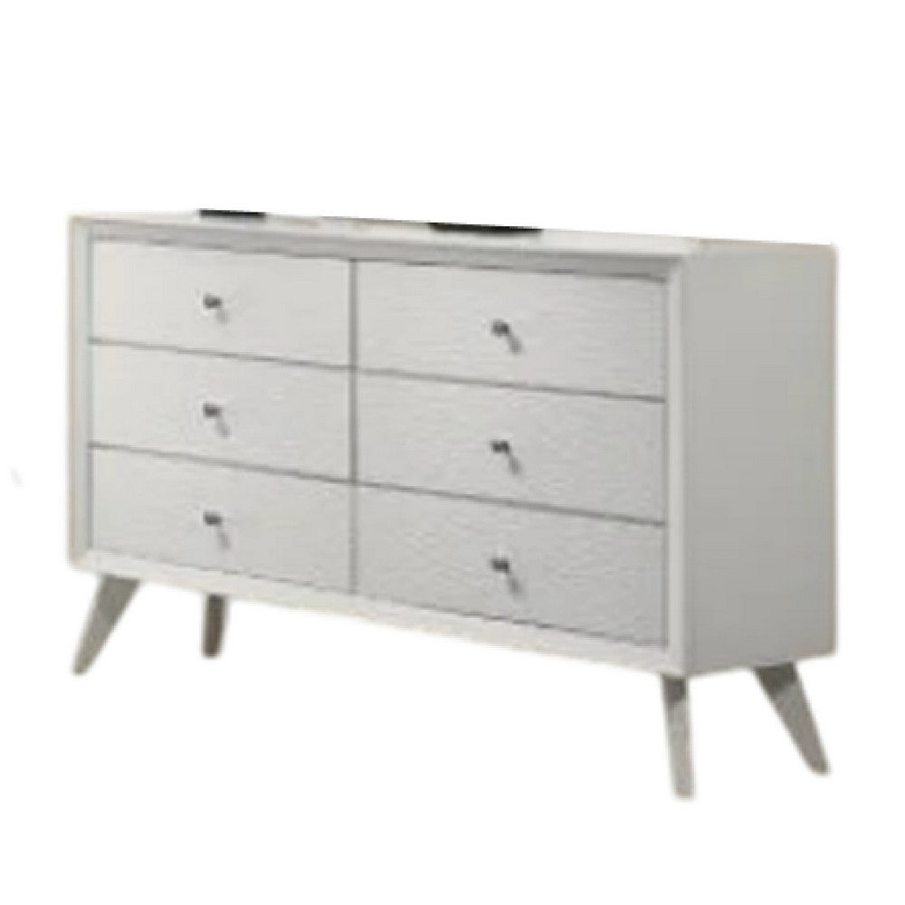 Tory Wide Dresser, 6 Drawers w Bronze Knobs, Textured White Wood