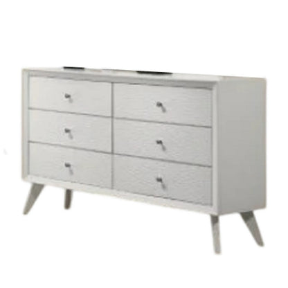 Tory Wide Dresser, 6 Drawers w Bronze Knobs, Textured White Wood