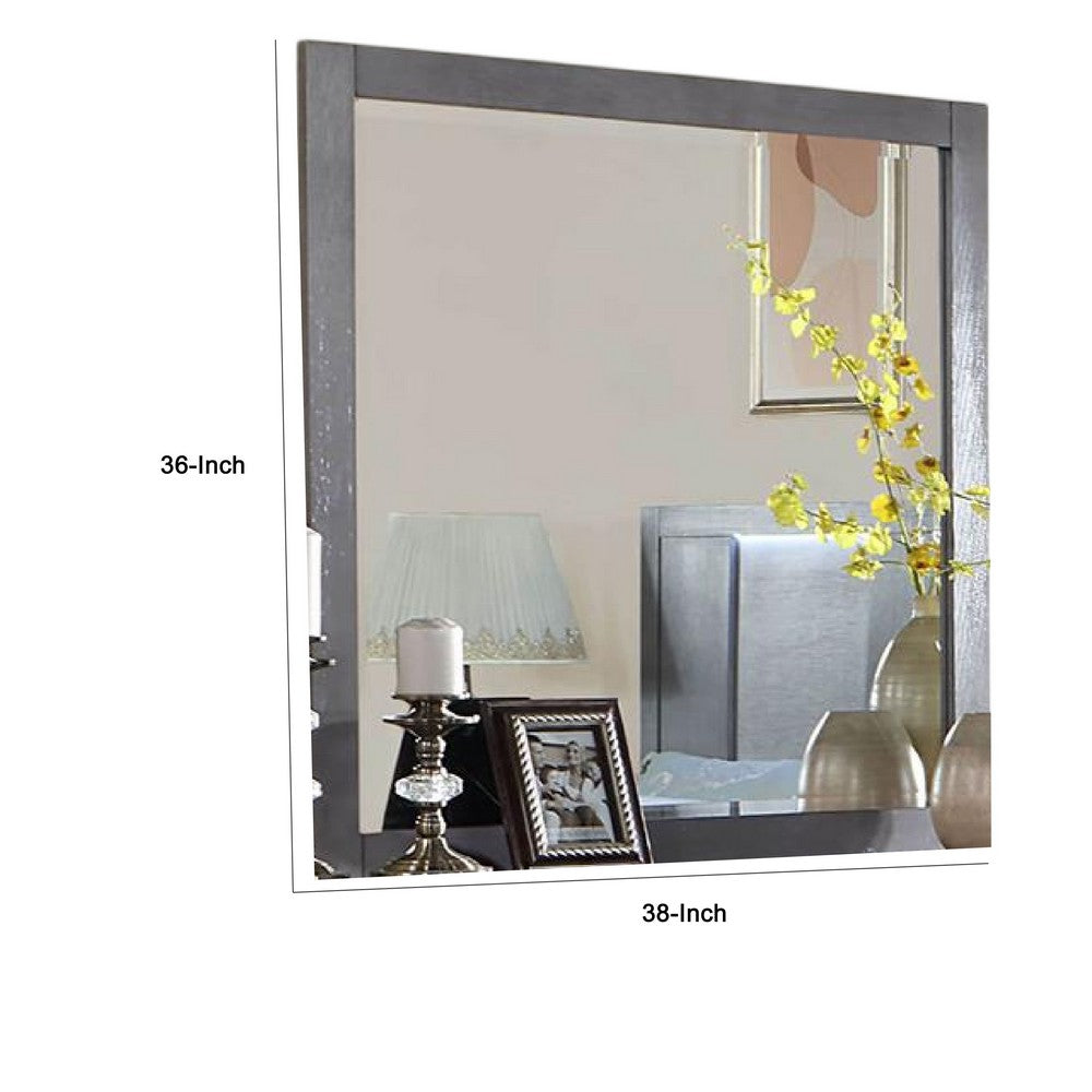 Levice Dresser Mirror, 38 Inch Rectangular, Gray Solid Wood Frame