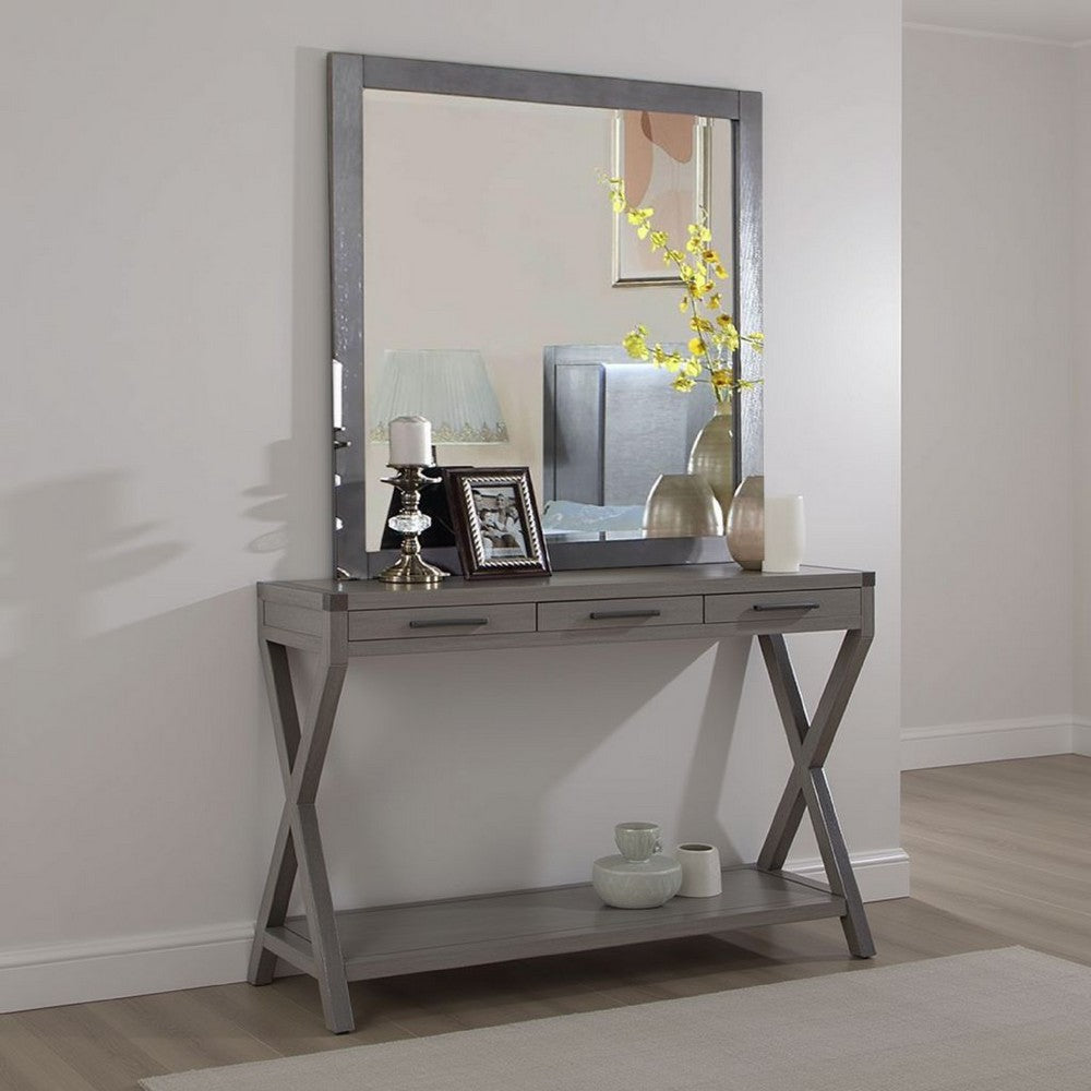 Levice Dresser Mirror, 38 Inch Rectangular, Gray Solid Wood Frame