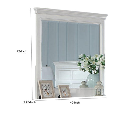 Lile Dresser Mirror w Crown Molding Frame, 42 Inch White Solid Wood