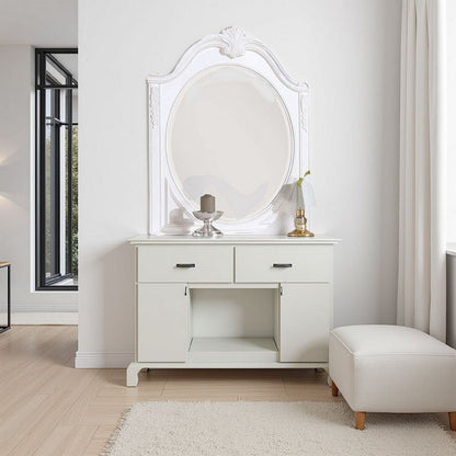 Aleci Dresser Mirror, 42 Inch Carved Frame, Classic White Solid Wood