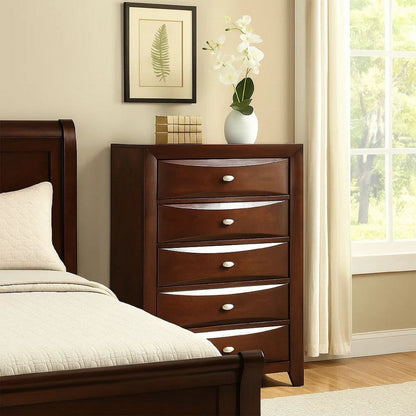 Simo Tall Dresser Chest, 5 Drawers Chrome Handles, Modern Cherry Brown