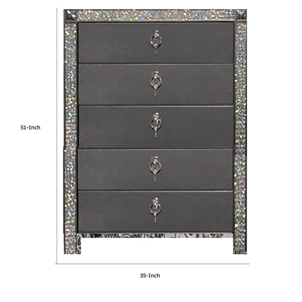 Laine Tall Dresser Chest, 5 Drawers, Crystal Trim, Gray Solid Wood
