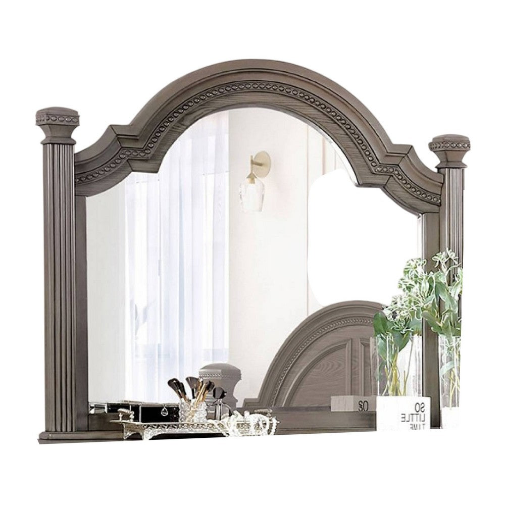 Akia Dresser Vanity Mirror, Reeded Posts, 49 Inch Gray Bell Top Frame