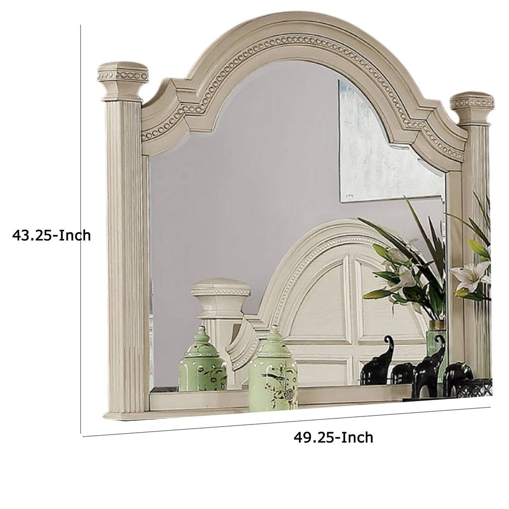 Akia Dresser Mirror, Reeded Posts, 49 Inch Antique White Bell Frame