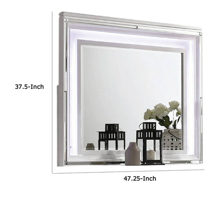 Lin Dresser Mirror with LED Lights, 47 Inch White Solid Wood Frame
