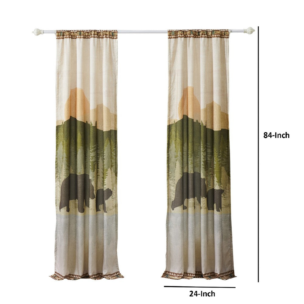 Kip 2 Panels Curtain Set, Microfiber, Green and Beige Mountain Scenery