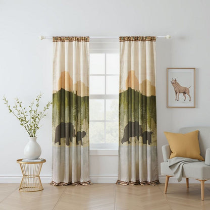 Kip 2 Panels Curtain Set, Microfiber, Green and Beige Mountain Scenery
