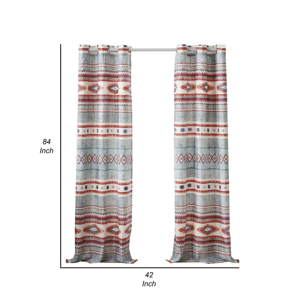Pimi 2 Panel Curtain Set, Boho Stripes Red White Gray, Microfiber