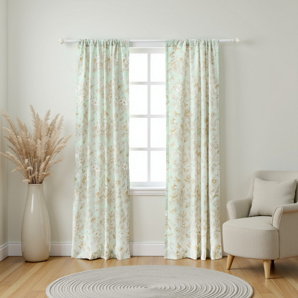 Vola 2 Panel Curtain Set, Light Mint Green Microfiber, Floral Pattern
