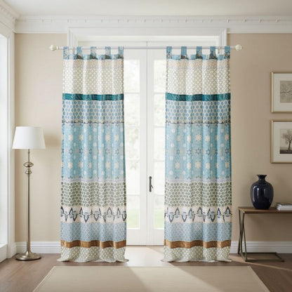 Ello 2 Panel Curtain Panel Set, Cotton White and Blue Geometric Print