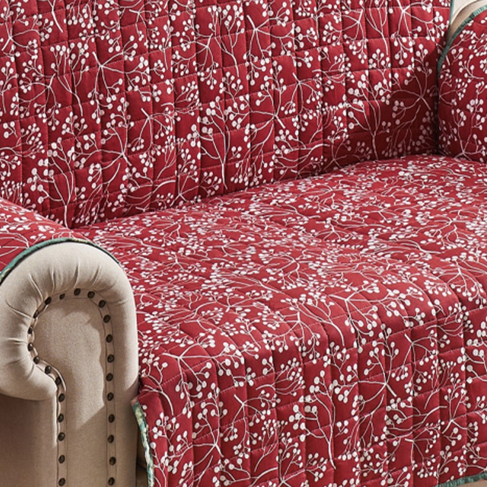 Lowa Loveseat Slipcover, Reversible Polyester, Green Red Festive Theme