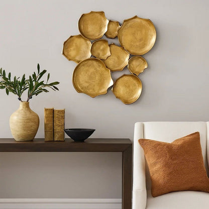 Wall Art Decor, Organic Round Shape Design, 20x20, Antique Gold Metal