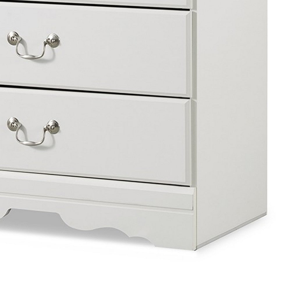 Roso Tall Dresser Chest, Classic White, 5 Drawers Pewter Metal Handles