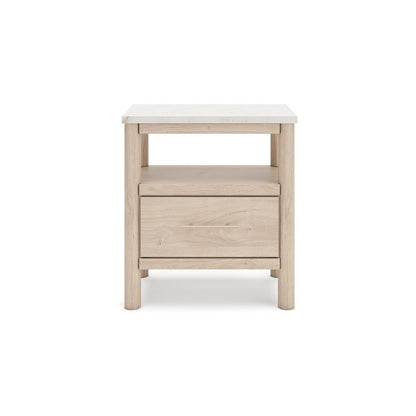 Mooran Nightstand, 1 Drawer w USB-C, Marble Finish Top, Brown Beige